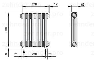 Схема (чертеж) Радиатор Zehnder Charleston 2060/6 №5310 Белый глянцевый RAL 9016